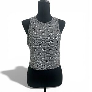 Zara Cropped Black and White Floral Patterned Striped Racerback Tank Top
